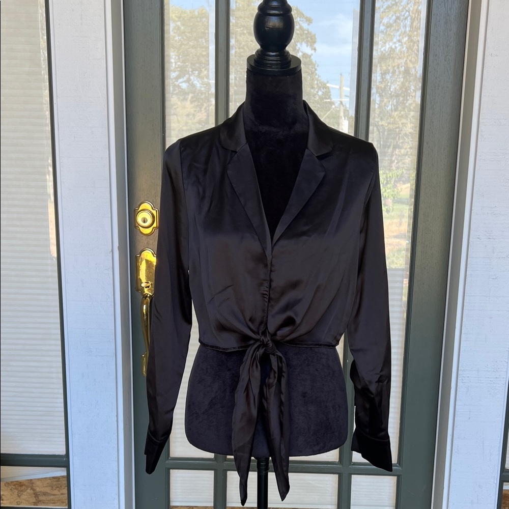 Sincerely Jules Black Satiny long sleeve tie front Crop Blouse